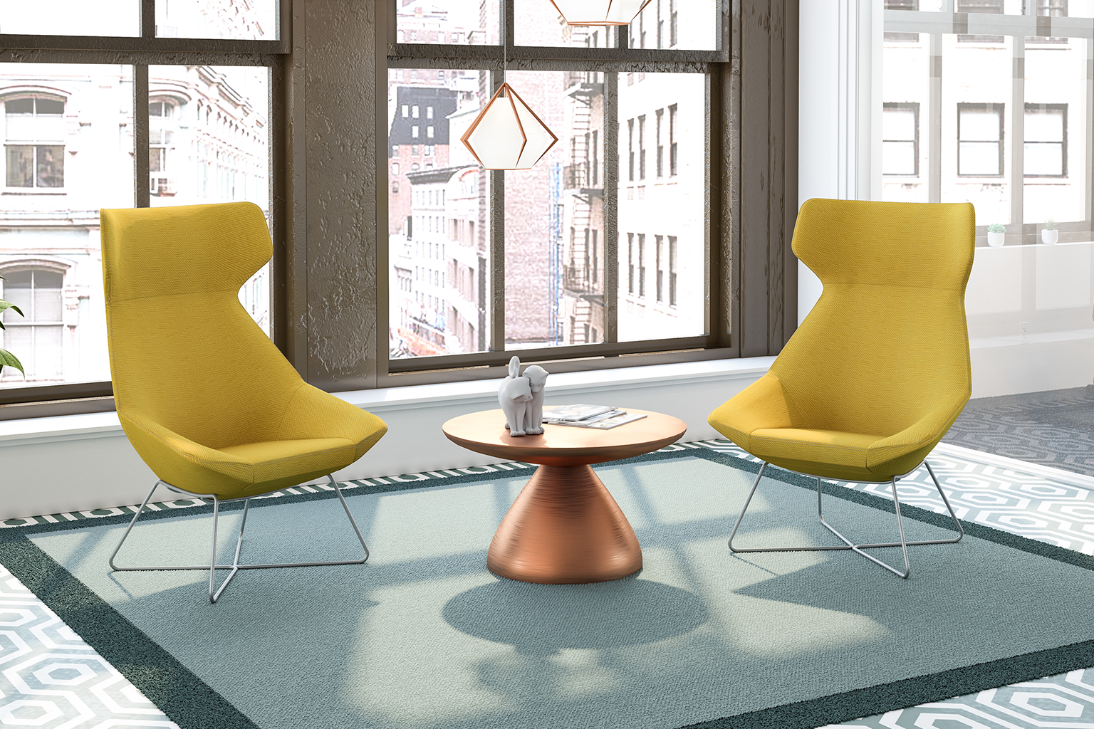 Modern office sitting area with two yellow lounge chairs, a round copper-colored table with a ceramic rabbit figurine and some papers, large windows showing city buildings, a geometric-patterned rug, and a white pendant light fixture.