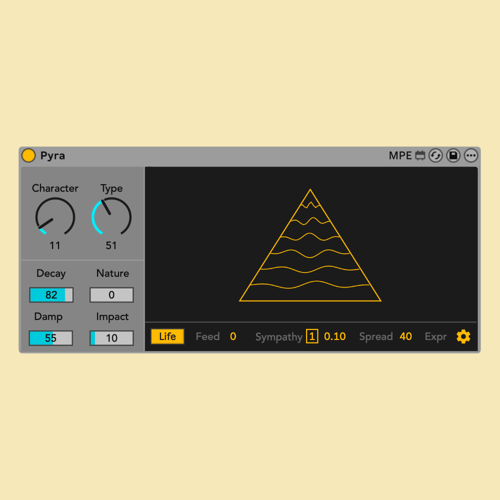 Pyra physical modelling interface showing Character/Type controls, Decay/Nature parameters, and Damp/Impact settings with a triangular visualization displaying plucked string resonance patterns and Life mode controls at the bottom.