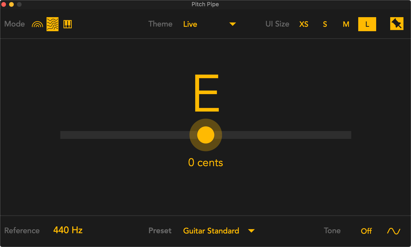 String mode displaying E note at 0 cents deviation with Guitar Standard preset selected.