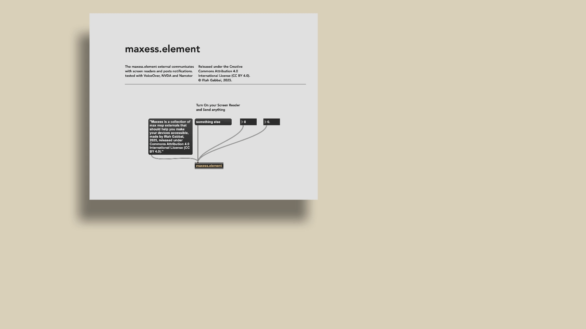 Documentation pages for Max/MSP externals showing maxess.element, maxess.file, maxess.keyboard, and maxess.speech modules with patch diagrams and technical specifications.