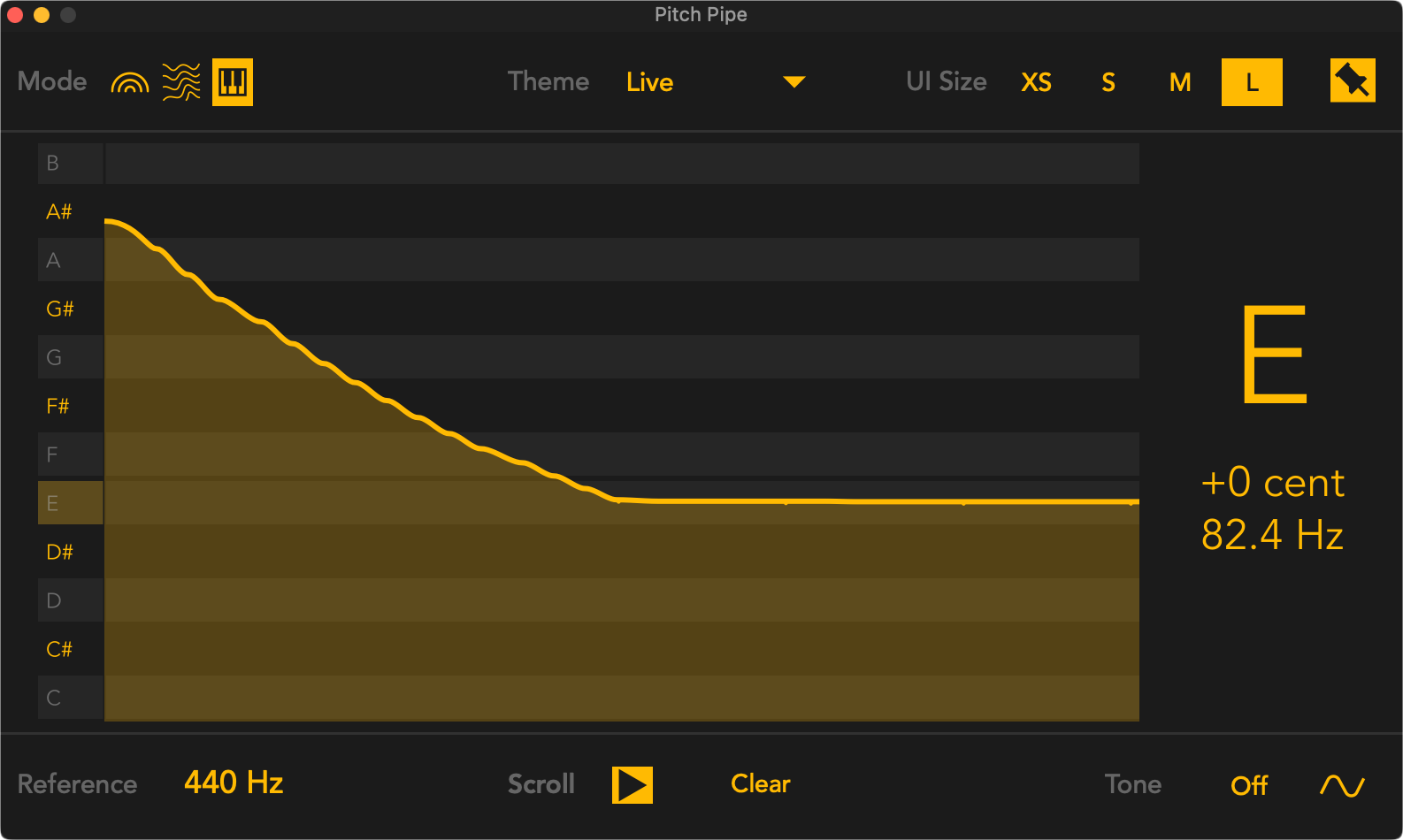 Piano roll mode showing E note at +0 cents (82.4 Hz) with pitch history visualization and chromatic scale on the left.
