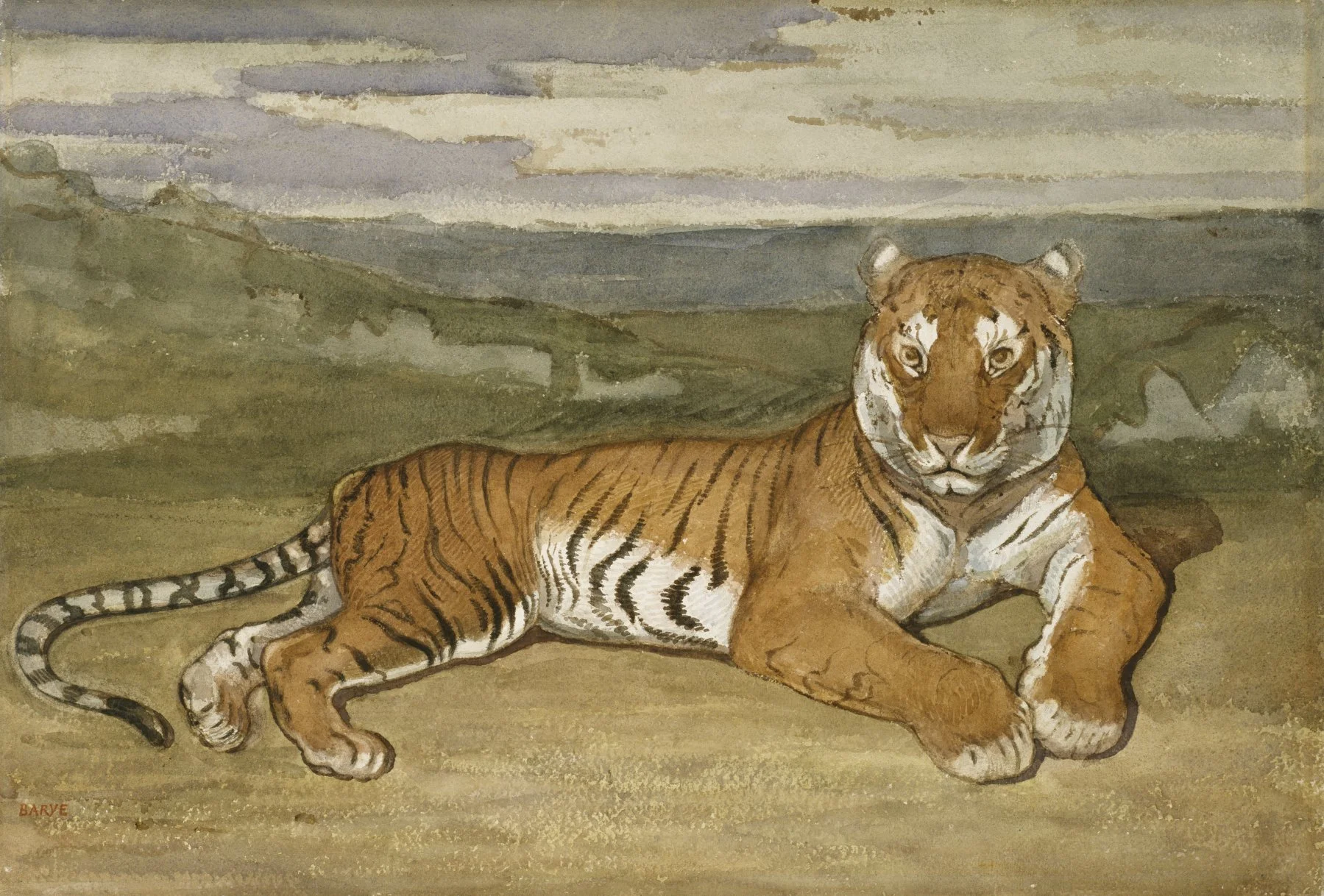 A watercolor painting of a resting tiger on a landscape with muted colors and cloudy sky.