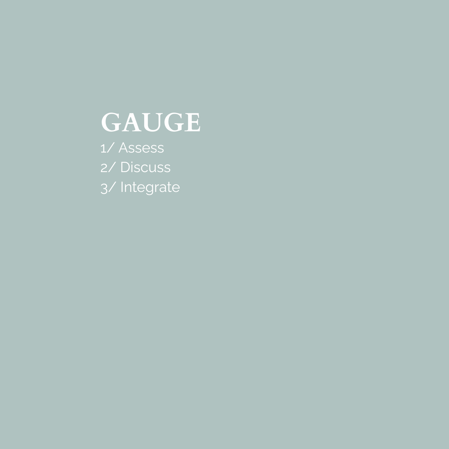 A presentation slide with a light blue background displaying the title 'GAUGE' and three points: 1. Assess, 2. Discuss, 3. Integrate.