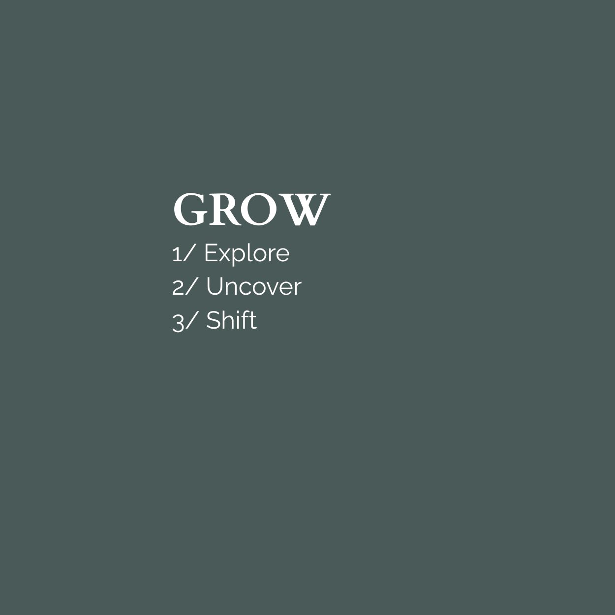 A dark green graphic titled "GROW" and three bullet points: 1) Explore, 2) Uncover, 3) Shift.