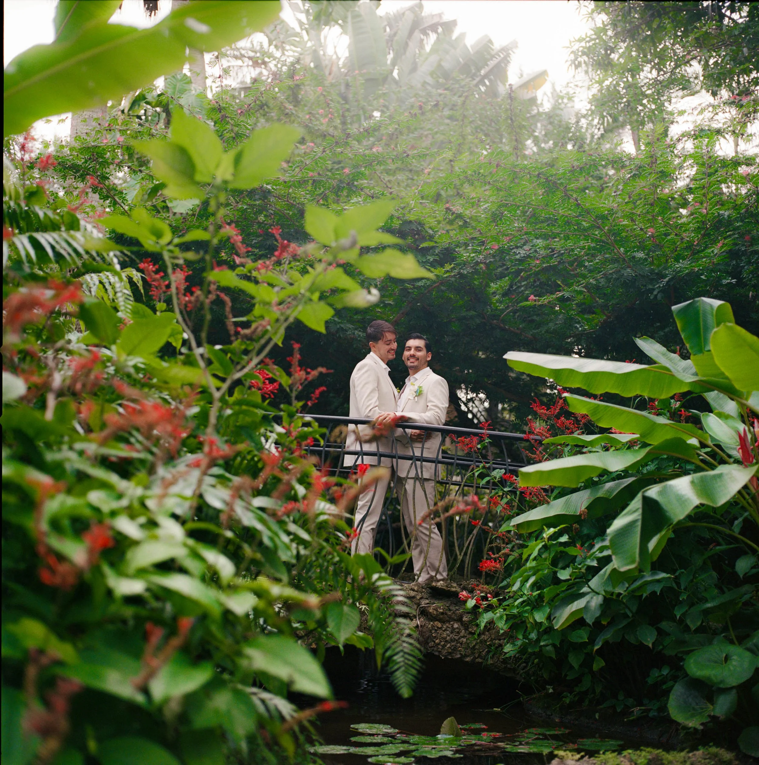 Two men dressed in beige suits standing on a small bridge over a pond surrounded by lush green foliage and pink flowering plants. They appear to be happy and smiling, with one looking at the other.