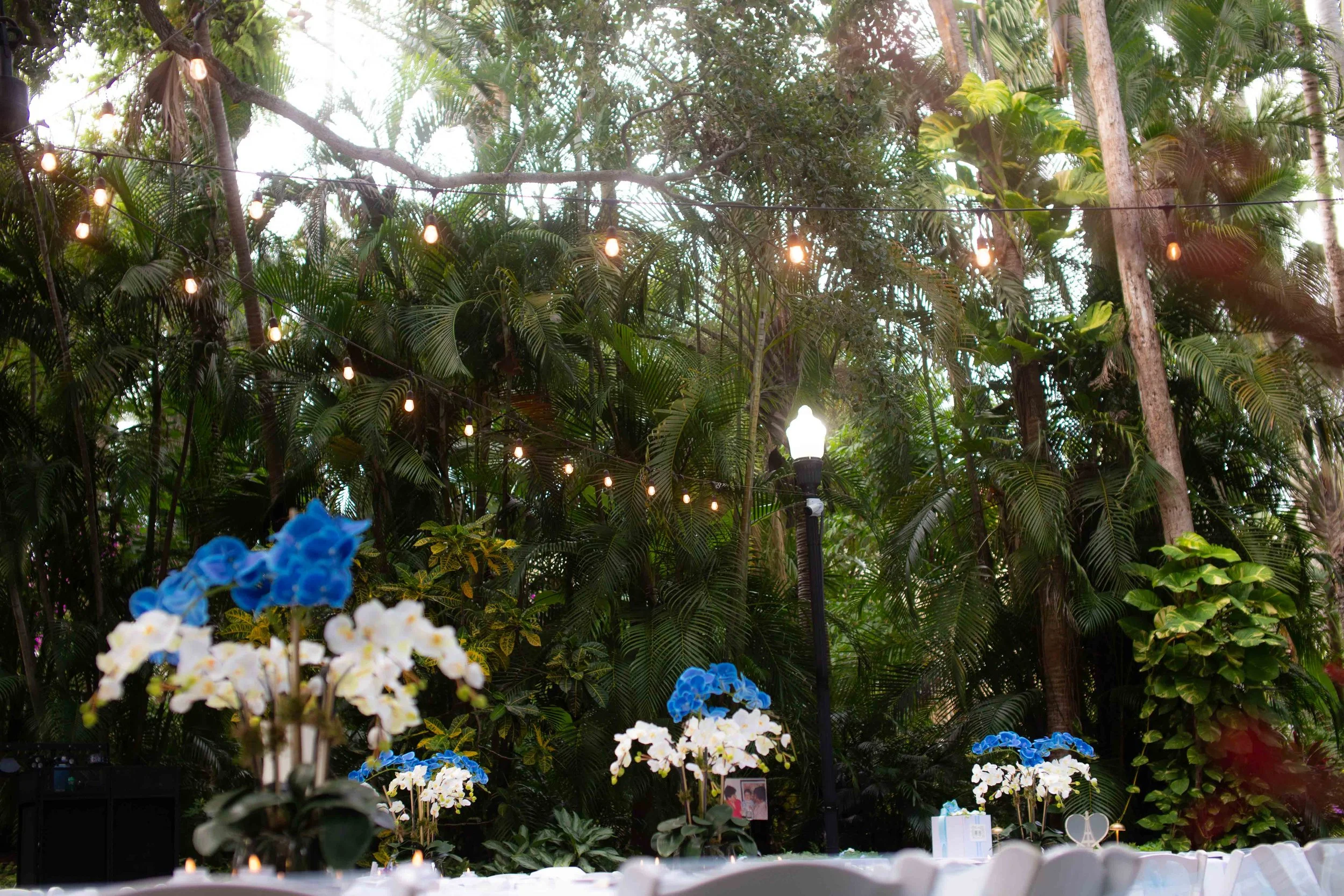 Tropical outdoor event setup with hanging string lights, blue and white floral centerpieces, a black lamp post, and a backdrop of lush green foliage.