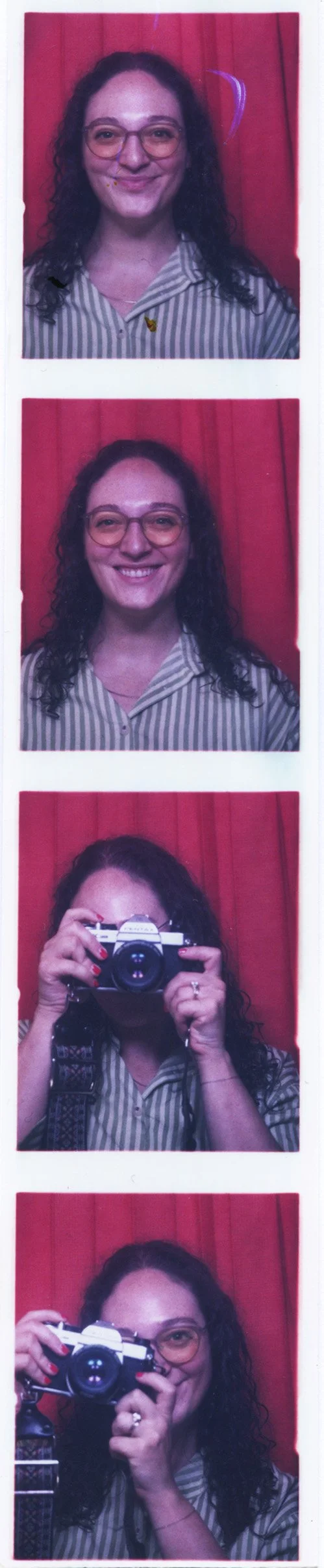 A woman with glasses and curly hair taking photos against a red curtain background, shown in four frames with different expressions and poses.