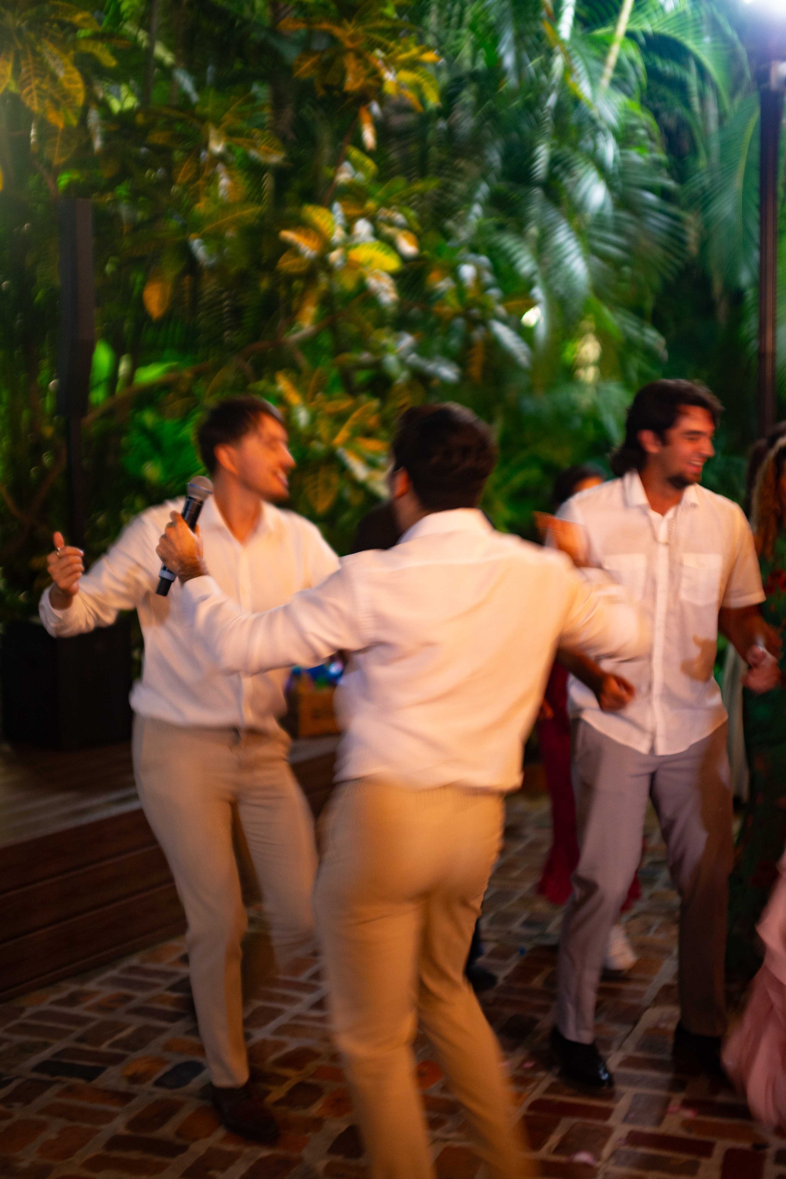 People dancing and enjoying a lively party in an indoor space with lush green plants in the background.