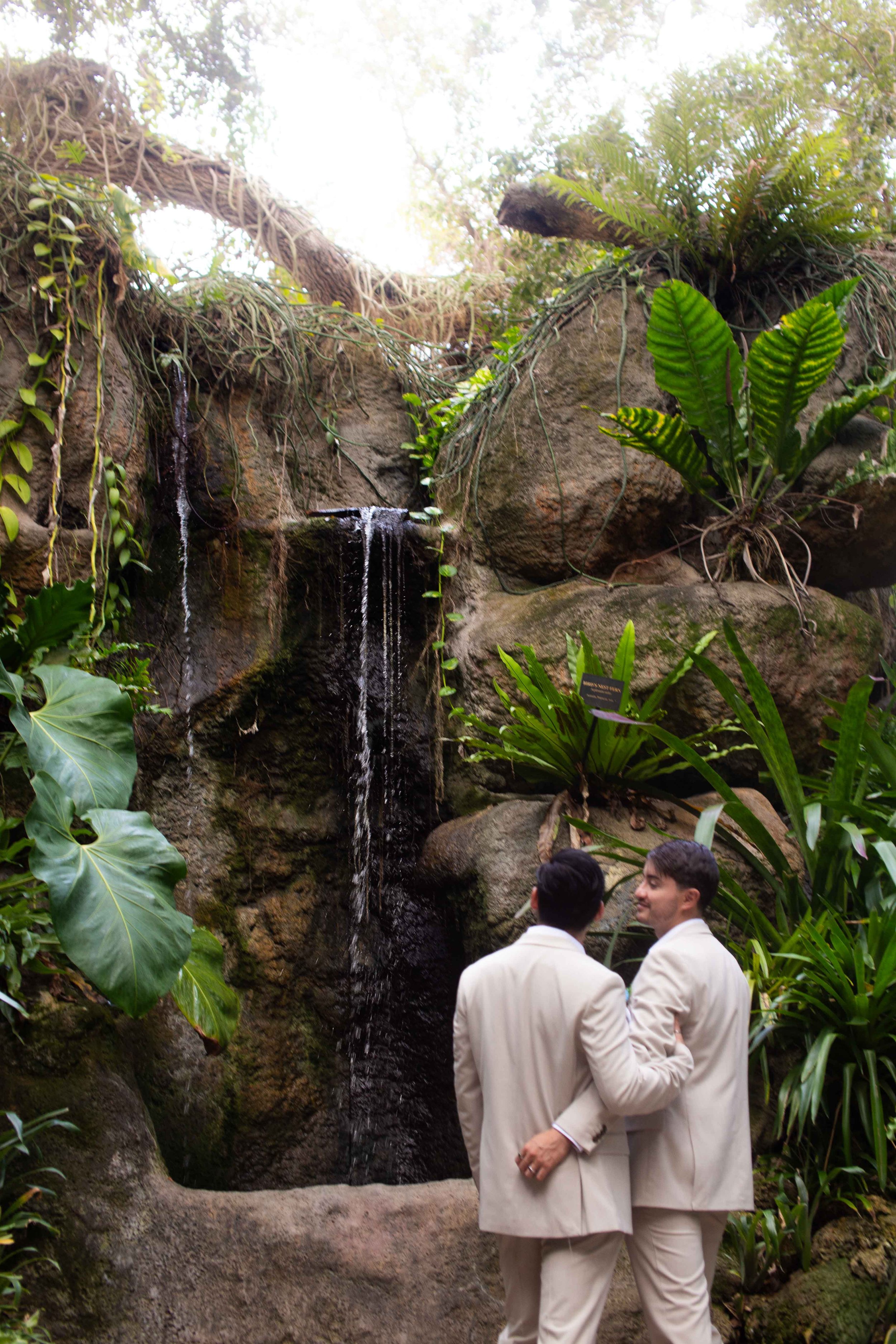 Two men dressed in beige suits embrace and smile near a small indoor waterfall in a lush green garden.