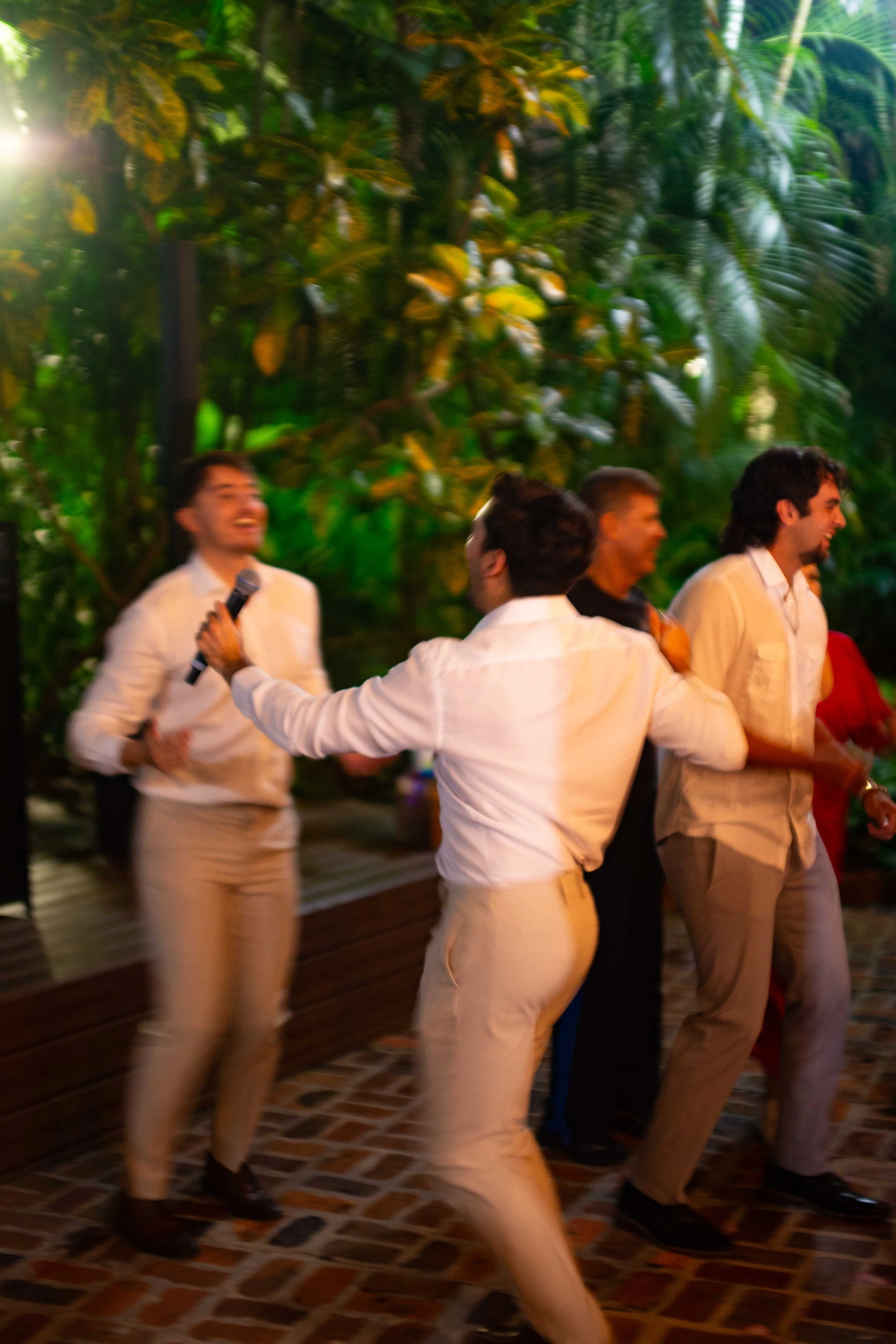 People dancing and celebrating outdoors at night with greenery in the background