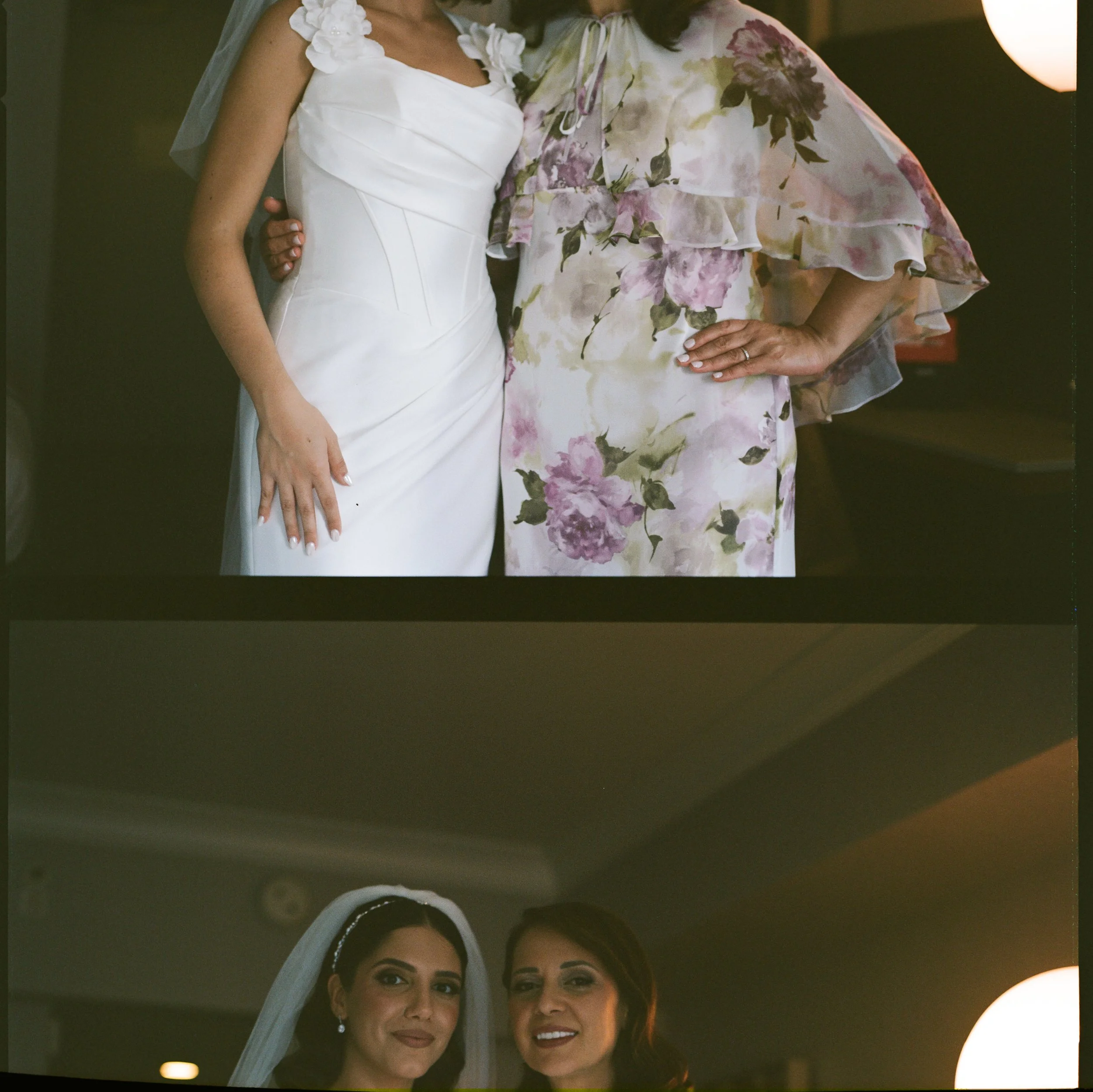 Top: Two women standing close, one in a white wedding dress and the other in a floral gown. Bottom: The bride with dark hair and a veil, smiling alongside another woman in a formal dress. Both images are set indoors with warm lighting.