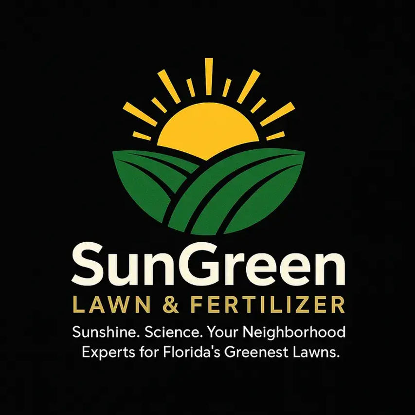 Logo for SunGreen Lawn & Fertilizer featuring a stylized sun rising or setting behind green fields on a black background, with the company name and tagline.