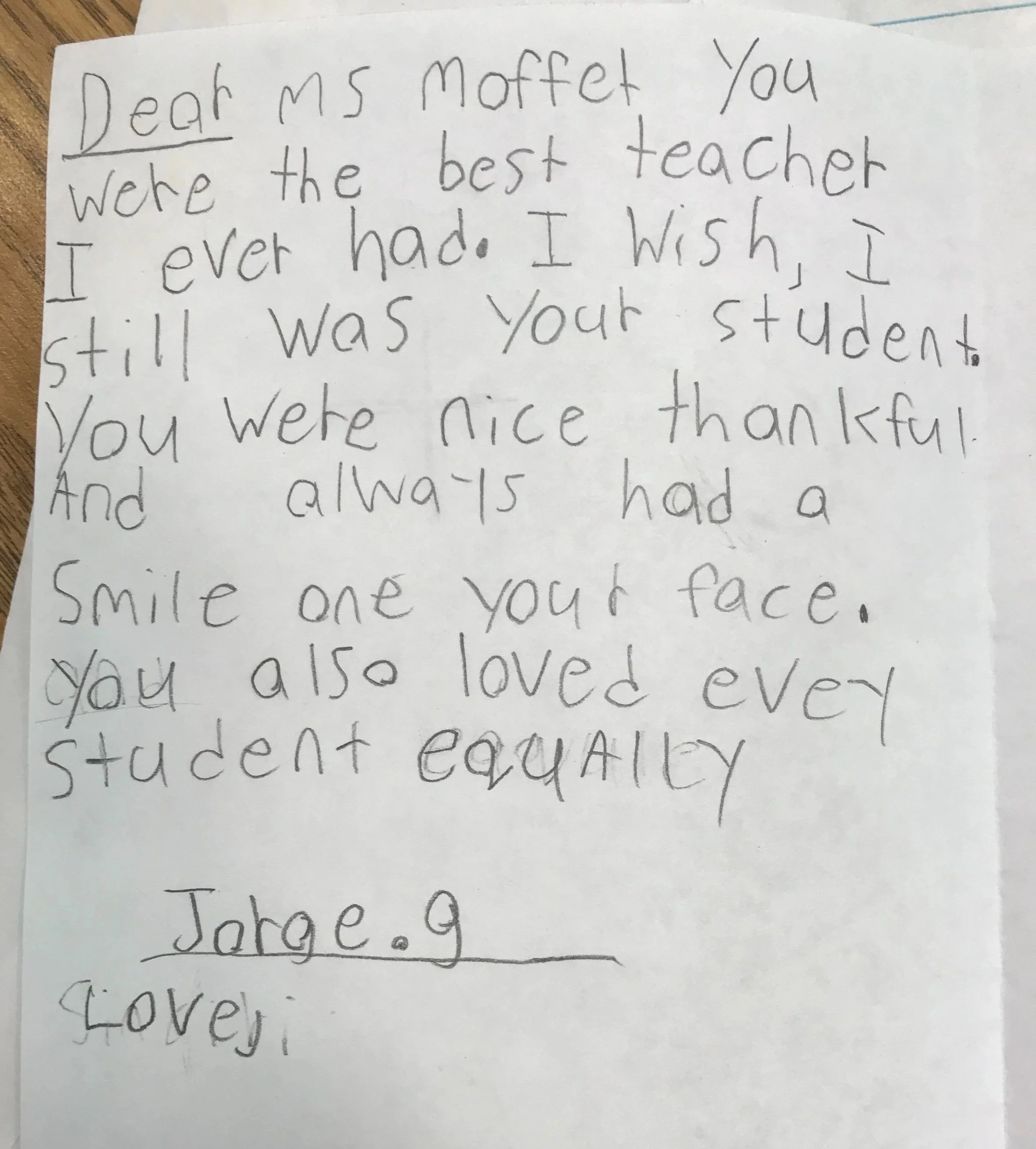 Handwritten letter from a student to Rooted in Writing founder Erin Moffet, reading "Dear Ms. Moffet, you were the best teacher I ever had." A testament to her 20 years in early childhood education.