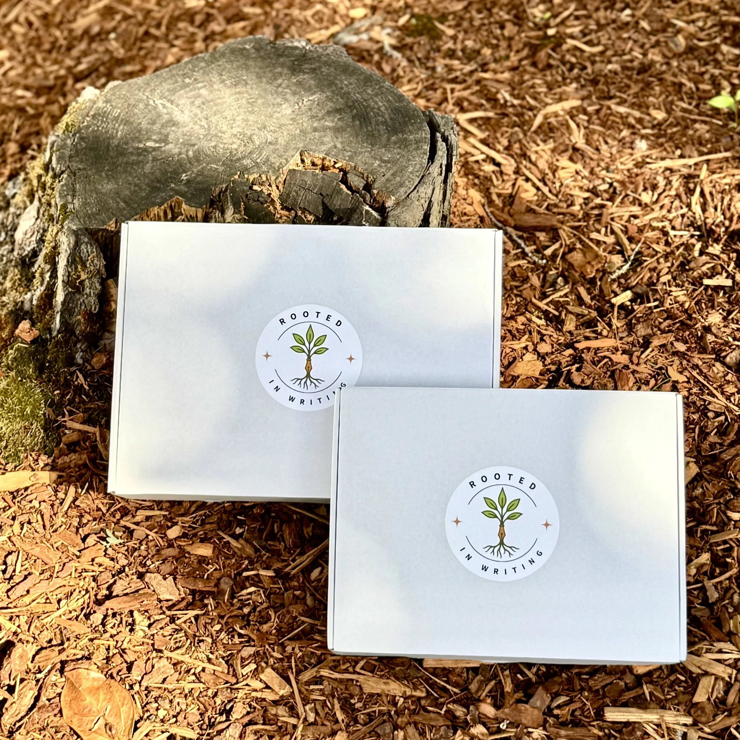 Two Rooted in Writing subscription boxes nestled in autumn leaves, available as one-time purchases or gift subscriptions for children ages 3–6.