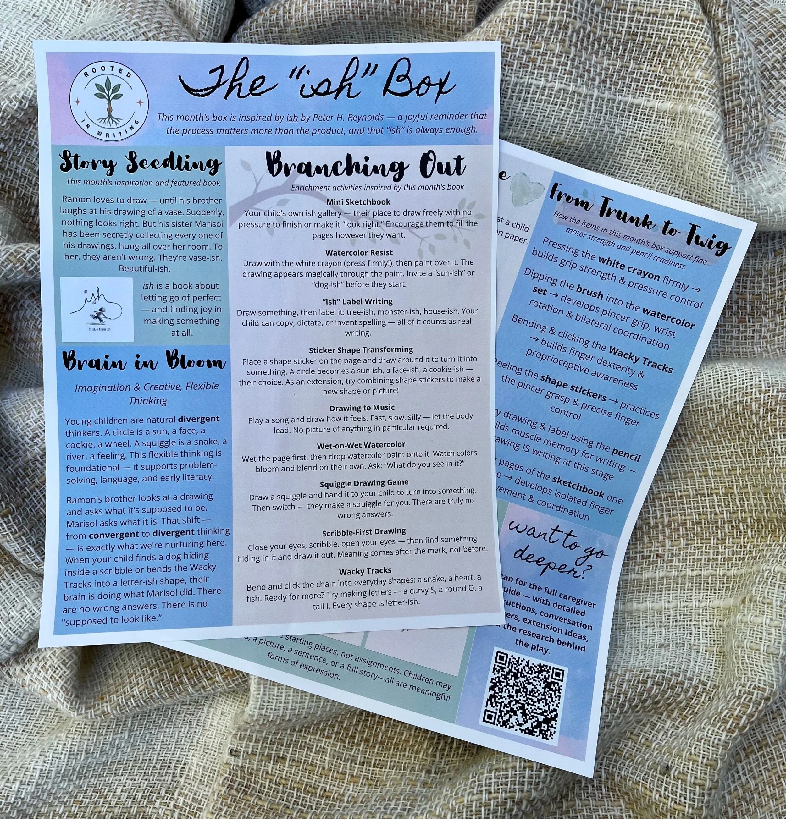 Colorful printed newsletter with sections about creative activities for children, with headlines such as 'Story Seedling', 'Branched Out', and 'Brain in Bloom', placed on textured background.