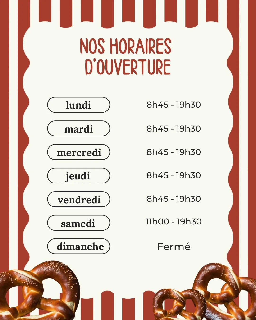 🥨 Venez d&eacute;couvrir nos d&eacute;licieuses sp&eacute;cialit&eacute;s chez Bretzo !

Voici nos horaires pour venir vous r&eacute;galer 😋
🕒 Du lundi au vendredi : 8h45 - 19h30
🕐 Samedi : 11h00 - 19h30
🚪 Dimanche : ferm&eacute;

#bretzo #amien