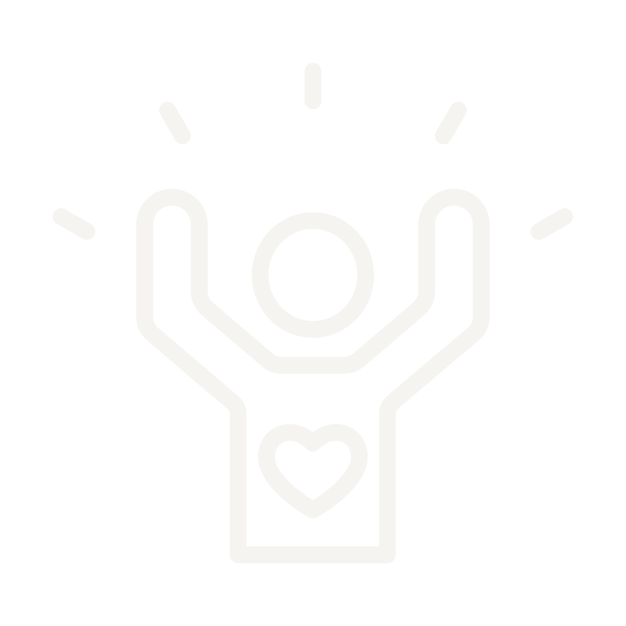 Line drawing of a person with raised arms and a heart on the chest, surrounded by rays, on a black background.