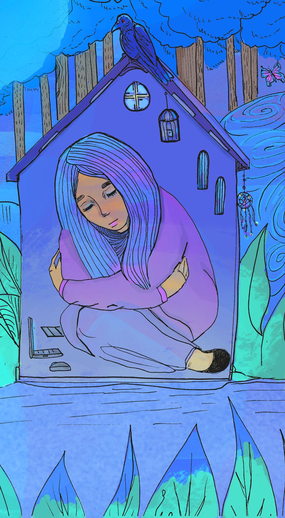 Editorial illustration of a girl sleeping inside a house in a forest at night, with a crow perched on the roof.
