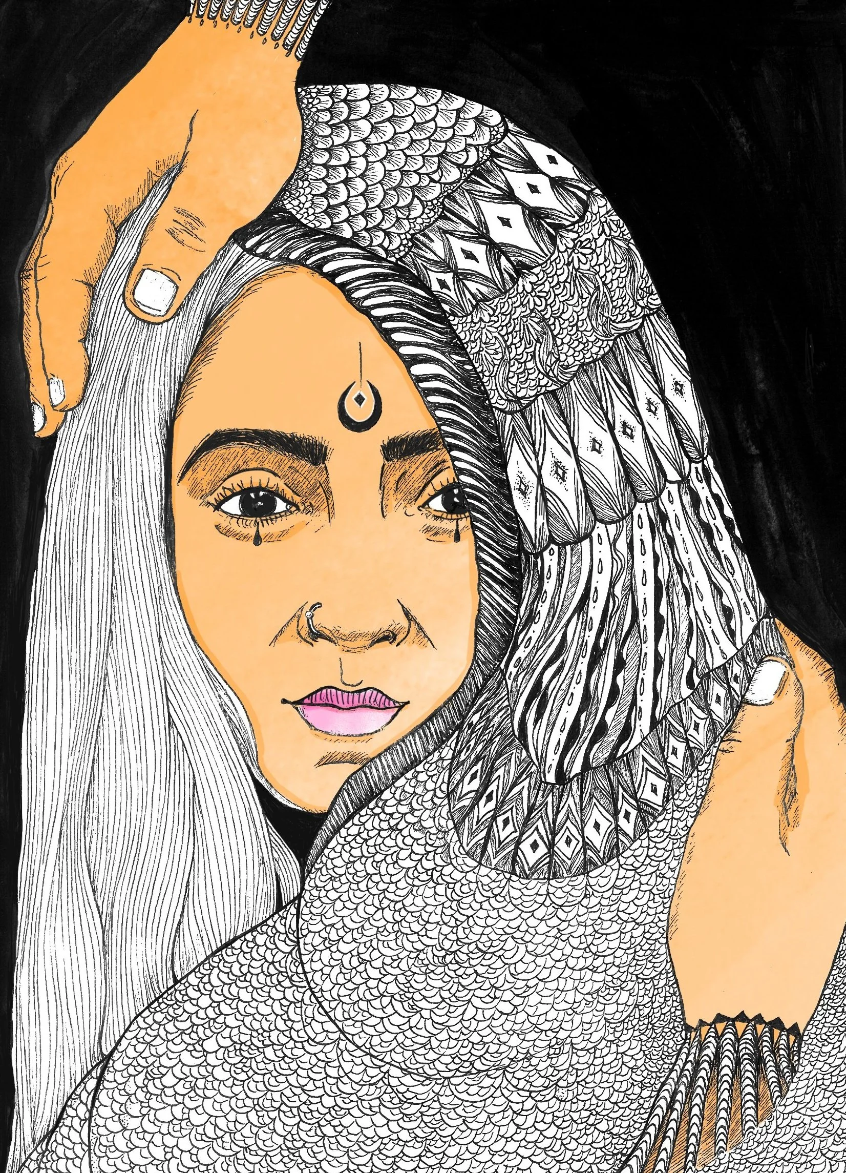 Ink pen portrait of woman in front profile, head covered, hands adjusting cloth, intricate line details.