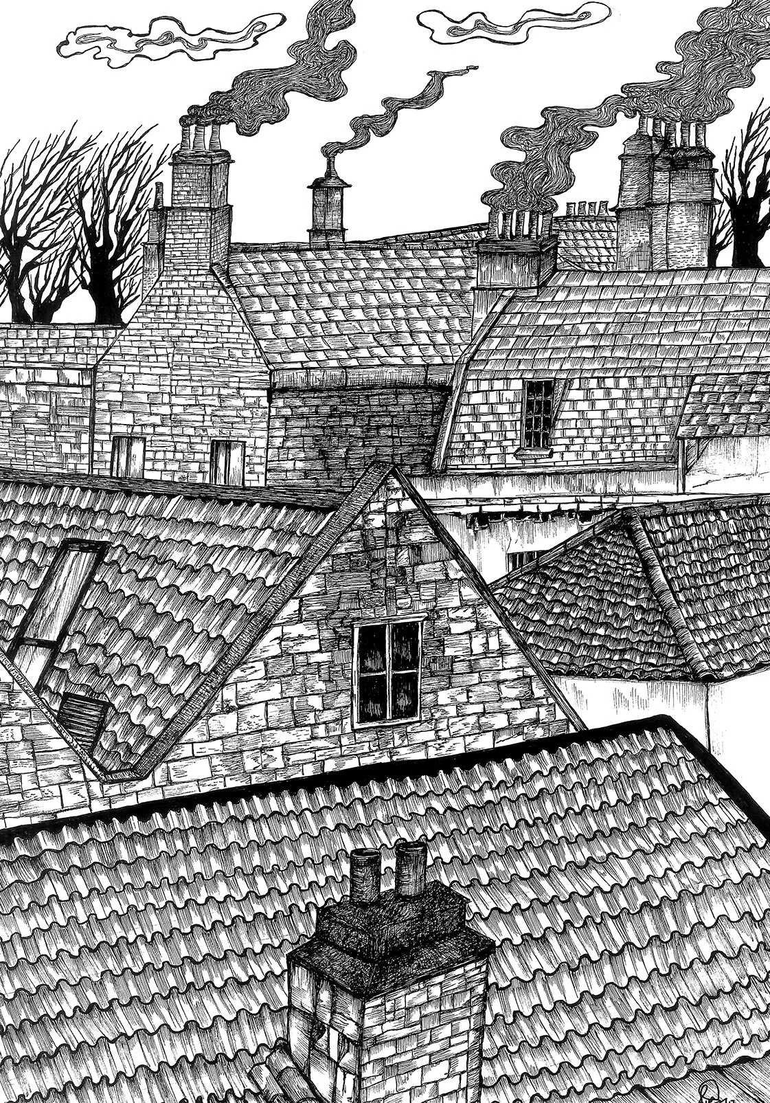 Hand-drawn black and white ink pen illustration of row houses with chimney smoke.