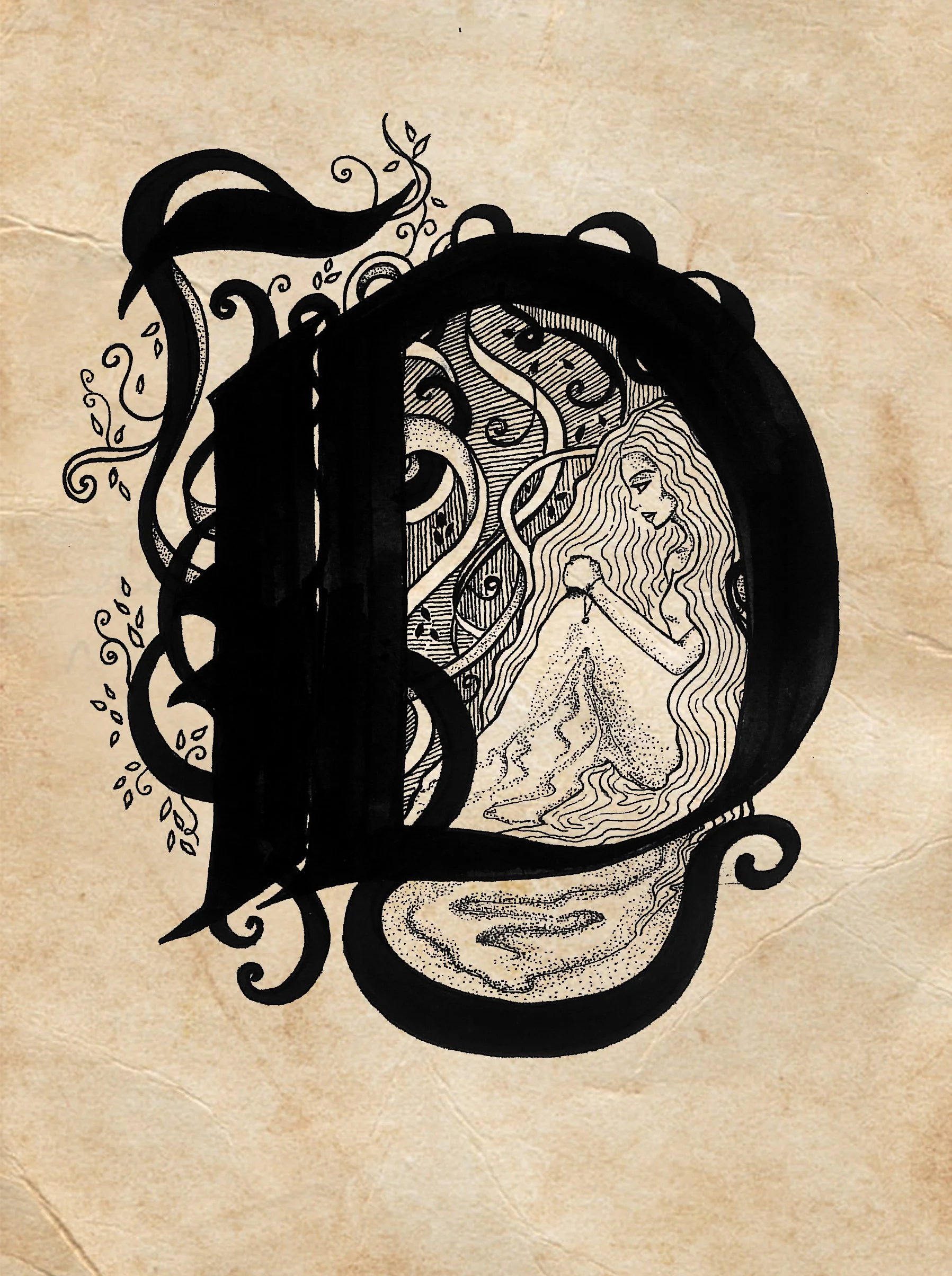 Hand-drawn gothic line art of a woman sitting inside an ornate gothic letter D, on vintage paper.