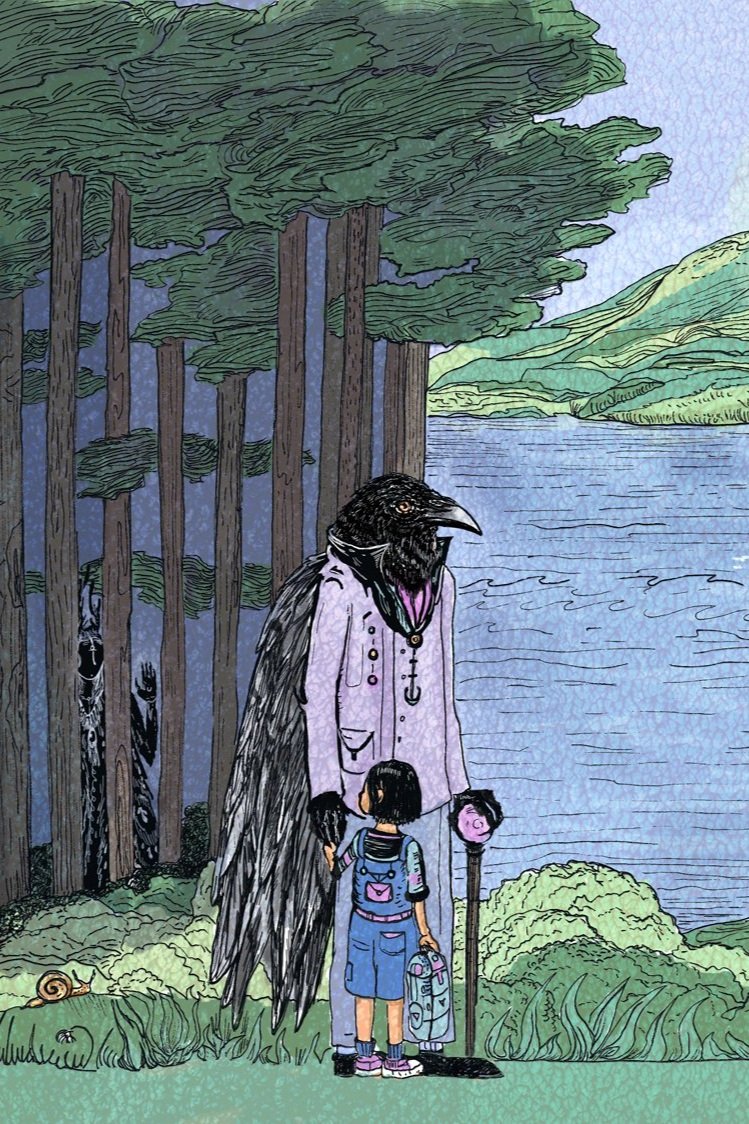 Surreal illustration of a crow‑headed man holding a girl’s hand, with a shadowy figure and lighthouse in soft pastel tones.
