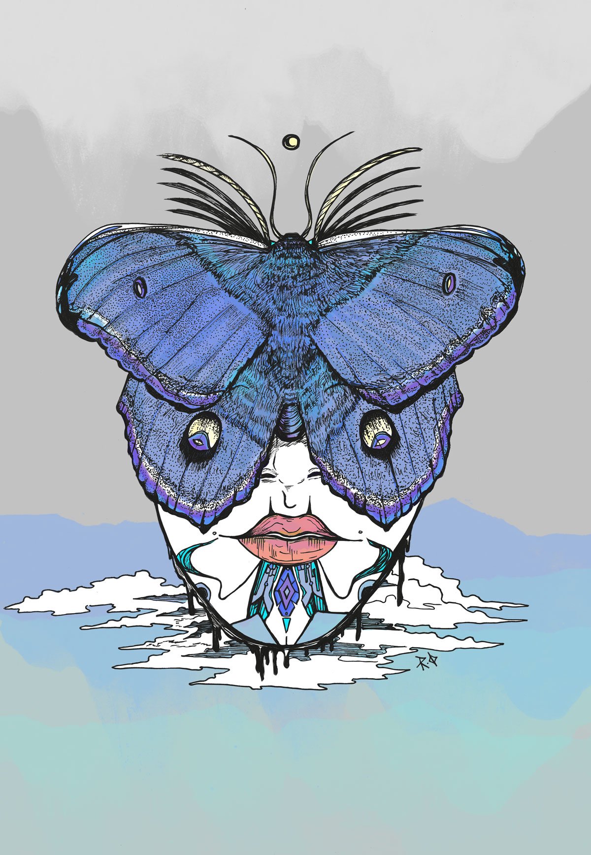Symbolic mixed media illustration blending a mask with moth imagery, showcasing intricate detail.