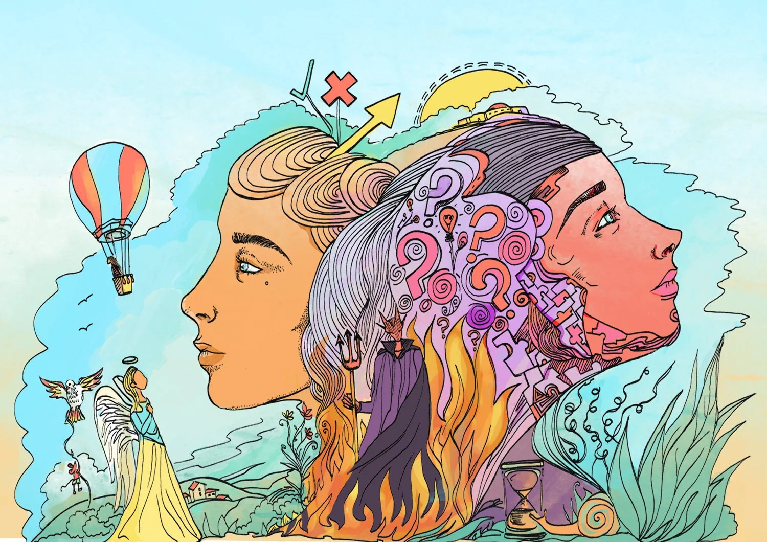 Surreal editorial illustration of two women facing opposite ways with devil and angel, addressing moral conflict and philosophy.