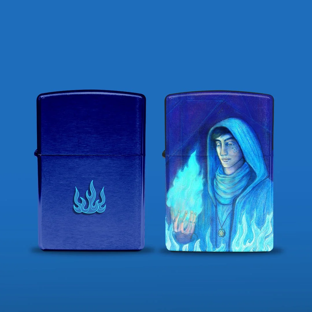 Mockup of Zippo lighters in blue post design featuring detailed artwork of a man creating blue flame, conveying discovery in flame concept.