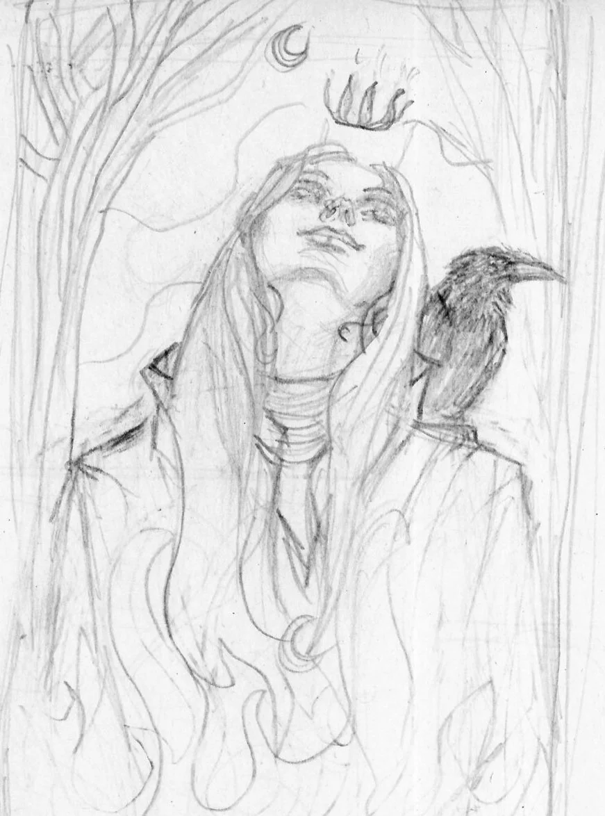 Rough sketch of a woman with a crow on her shoulder looking up, reflecting initial concept development for Zippo art project.
