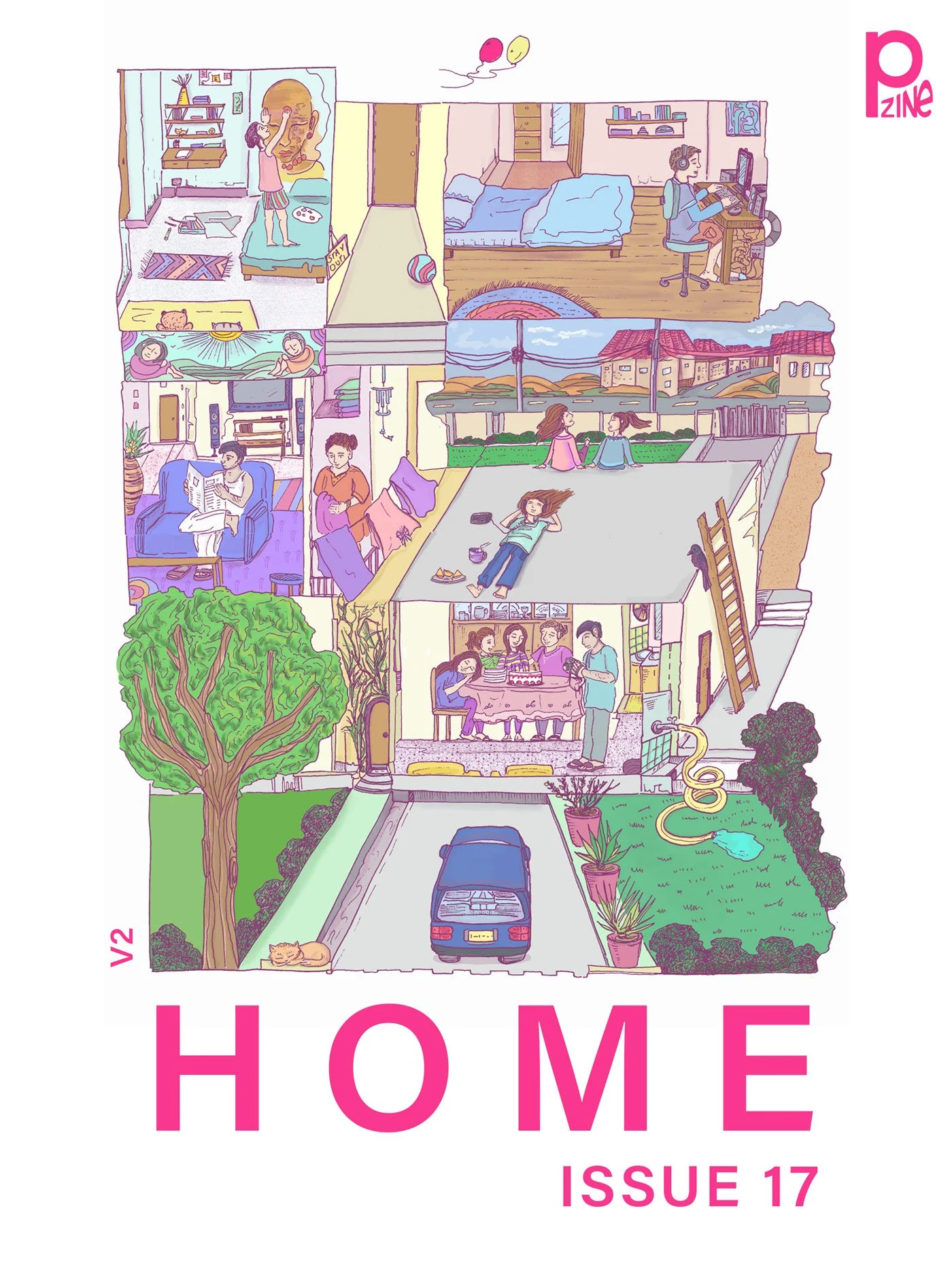 Colorful vibrant editorial illustration for online magazine cover titled Home, showing nostalgic home scenes of daily life.