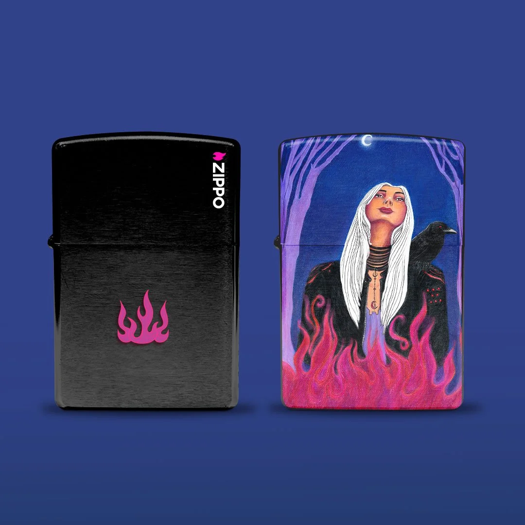 Mockup of black Zippo lighters in purple post design featuring detailed artwork of woman with crow at night, conveying rebellion flame.