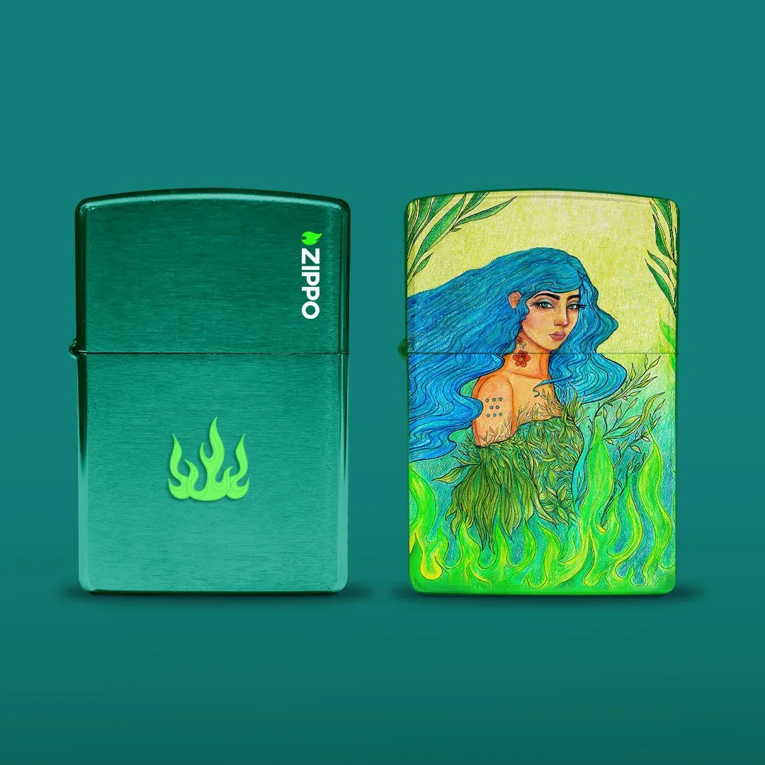 Mockup of green Zippo lighters in seagreen post design featuring detailed artwork of confident blue-haired woman, conveying freedom flame.