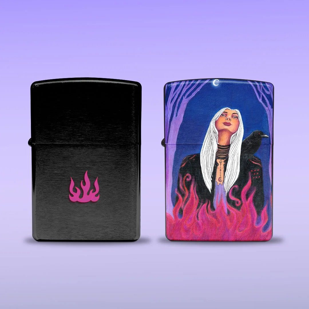 Mockup of Zippo lighters featuring detailed illustrative artwork of a woman with a crow, conveying rebellion in flame concept.
