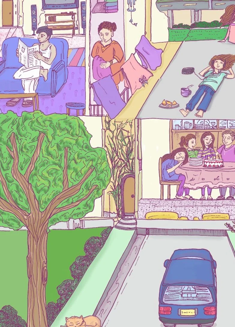 Cropped colorful nostalgic collage for magazine cover showing blue car, adult reading newspaper, and family celebrating birthday.