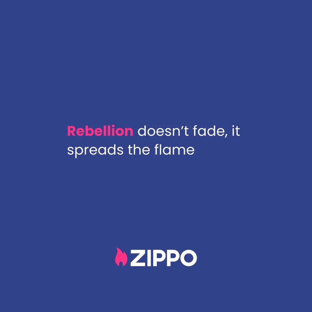 Purple post design with copy and Zippo logo in pink flame, conveying rebellion in flame concept..