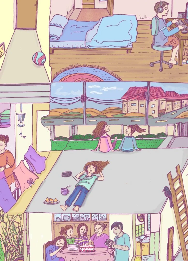 Cropped colorful nostalgic collage for magazine cover showing a girl listening to music and two girls chatting on rooftop.