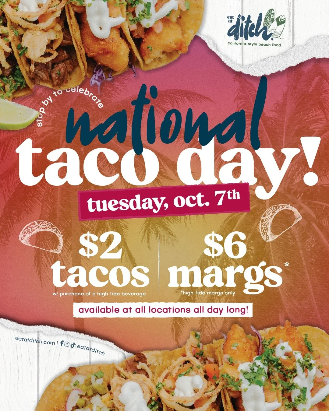 National Taco Day is TOMORROW! Don't miss $2 Tacos &amp; $6 Margs ALL DAY LONG at both Bay Shore and Port Jeff Locations! See you tomorrow! 😉🌮