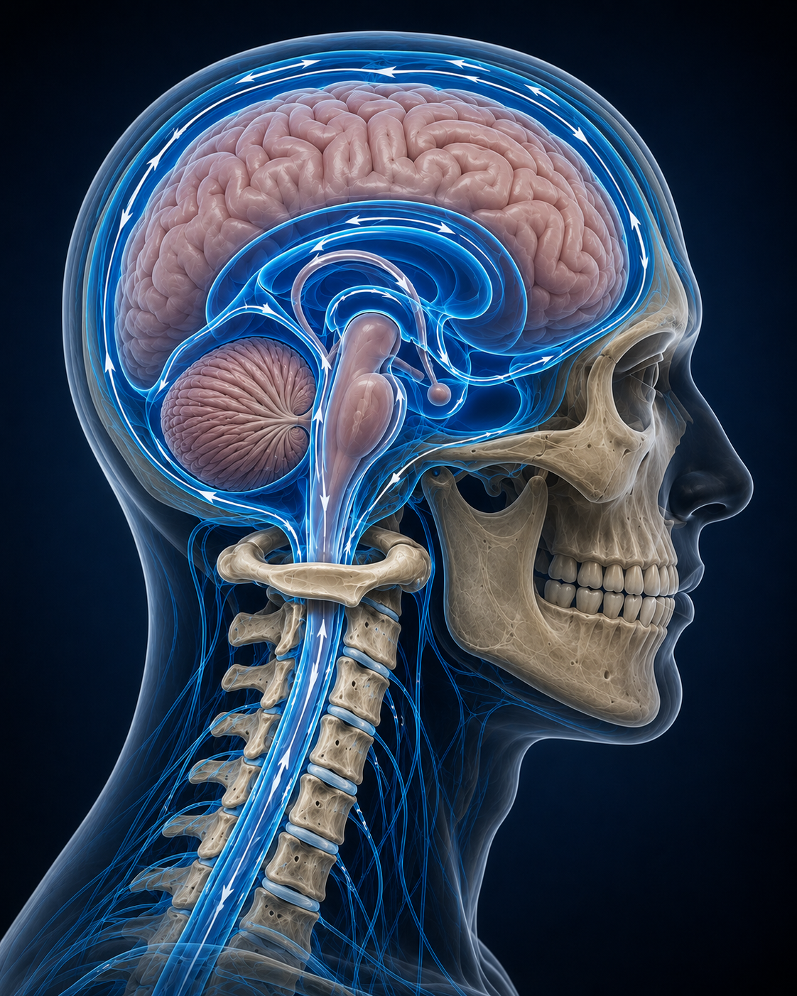 An illustration of a human skull with a transparent head revealing the brain, internal ear, and nervous system with blue flow lines indicating cerebrospinal fluid flow.