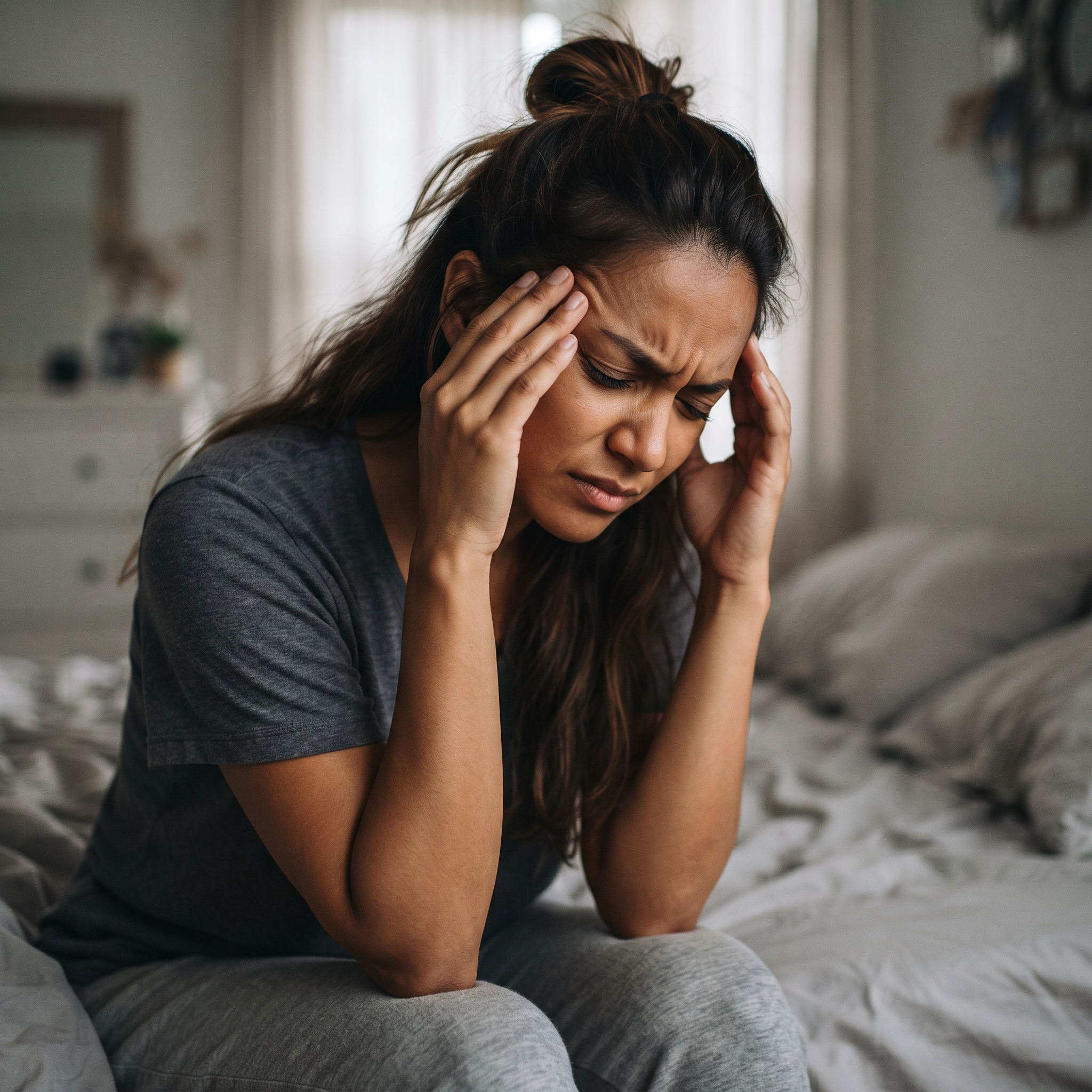 Woman holding her head with both hands, showing signs of headache or pain.