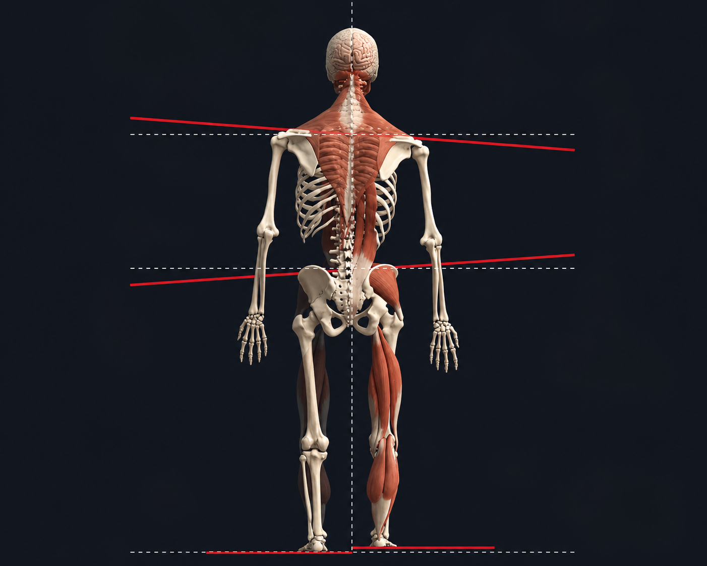 A human skeleton with muscles attached, shown from the back, with dashed and solid red lines indicating body alignment and tilt, set against a dark background.