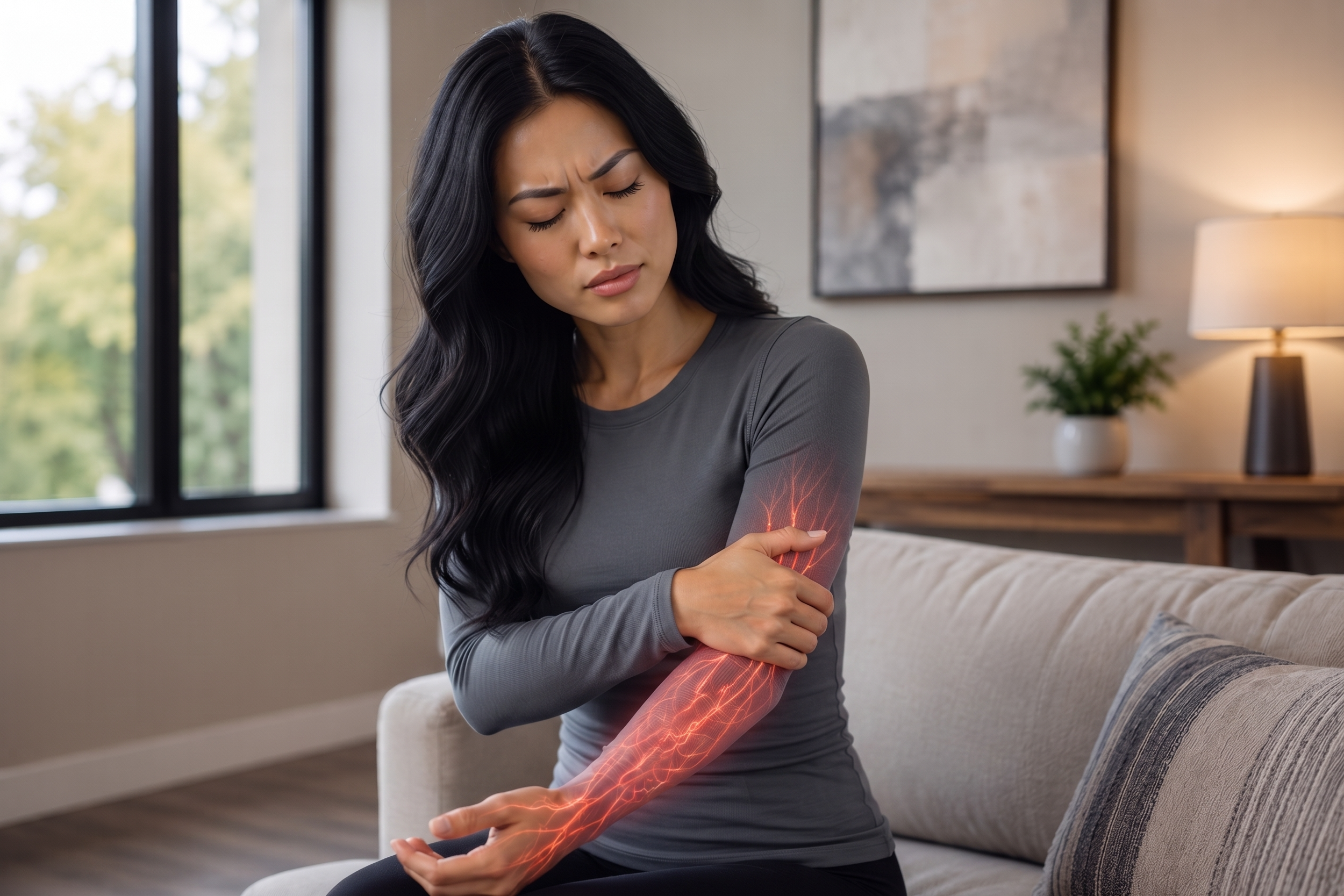 Person holding their wrist, possibly experiencing pain or discomfort.