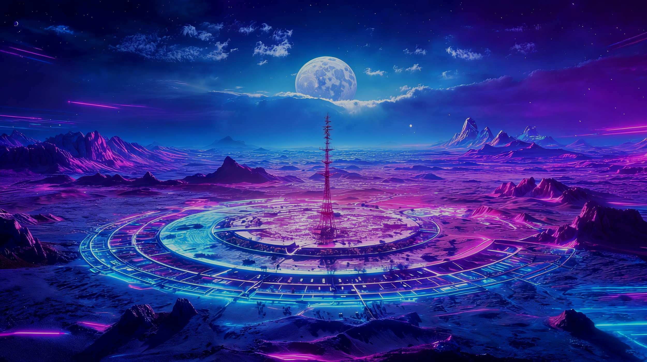 Futuristic landscape with neon-lit circles and a transmission tower in the center, mountains and a full moon in the background, under a starry sky with clouds and purple hues.