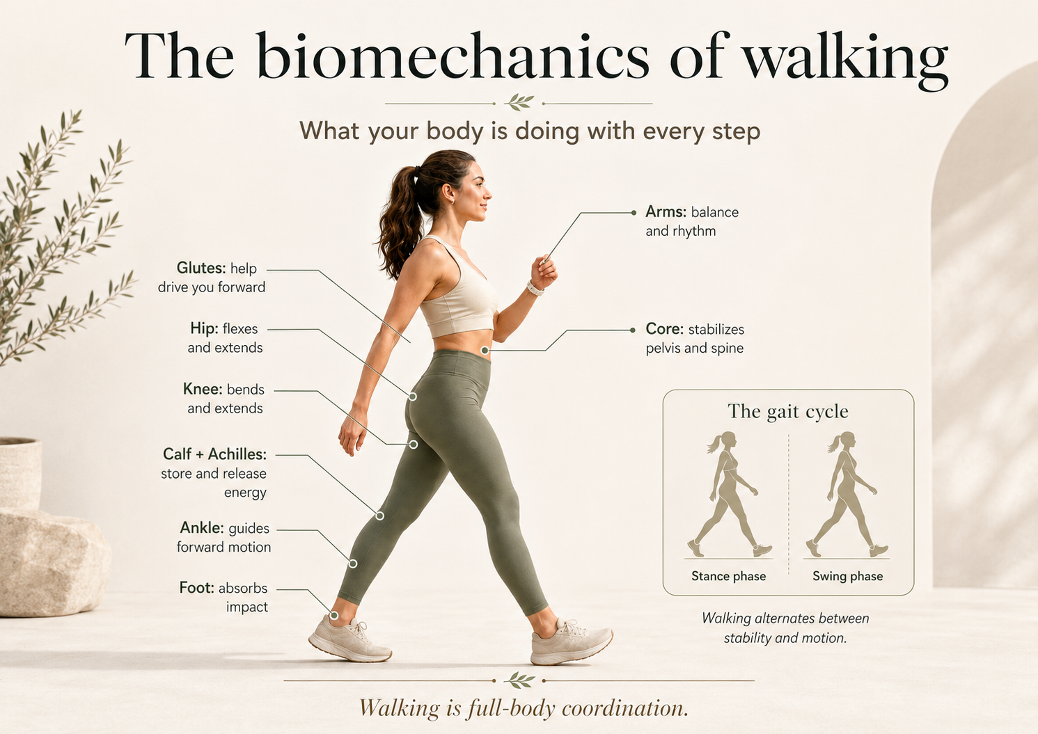 Educational infographic showing the biomechanics of walking, including gait cycle, foot impact, ankle motion, hip movement, core stability and arm swing.