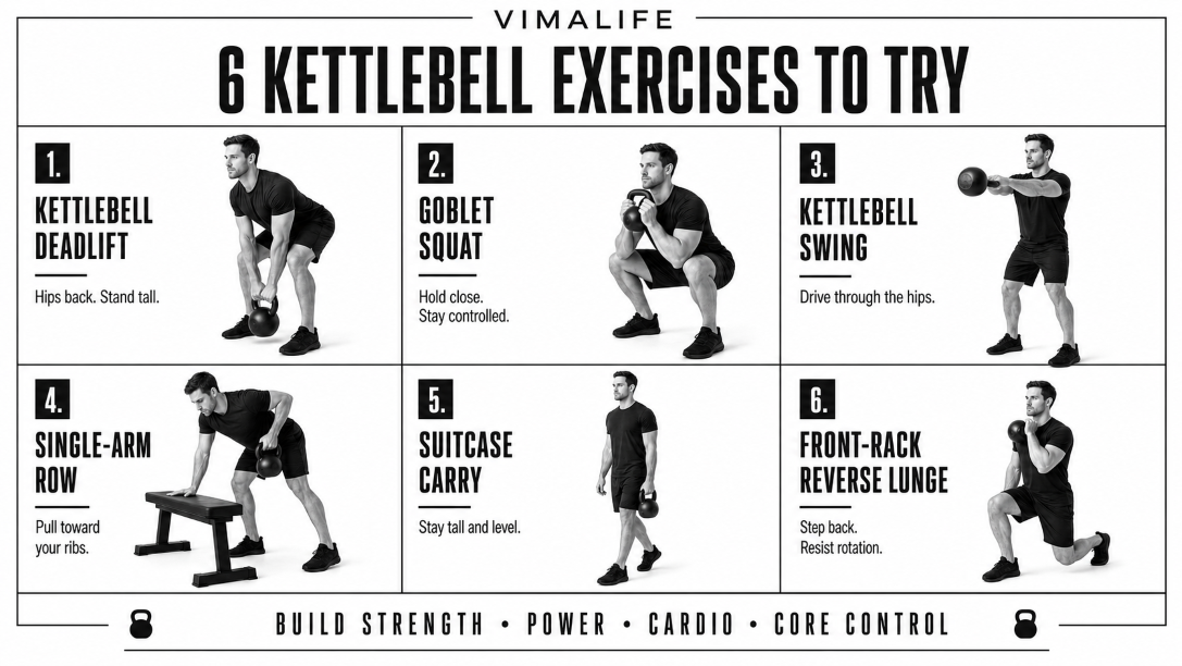 VIMALIFE infographic showing six kettlebell exercises to build strength, power, cardio and core control.