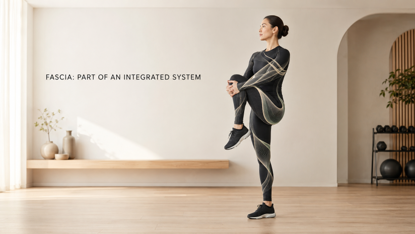 Fascia and movement graphic showing a person stretching, highlighting connective tissue, mobility and the body as an integrated system.