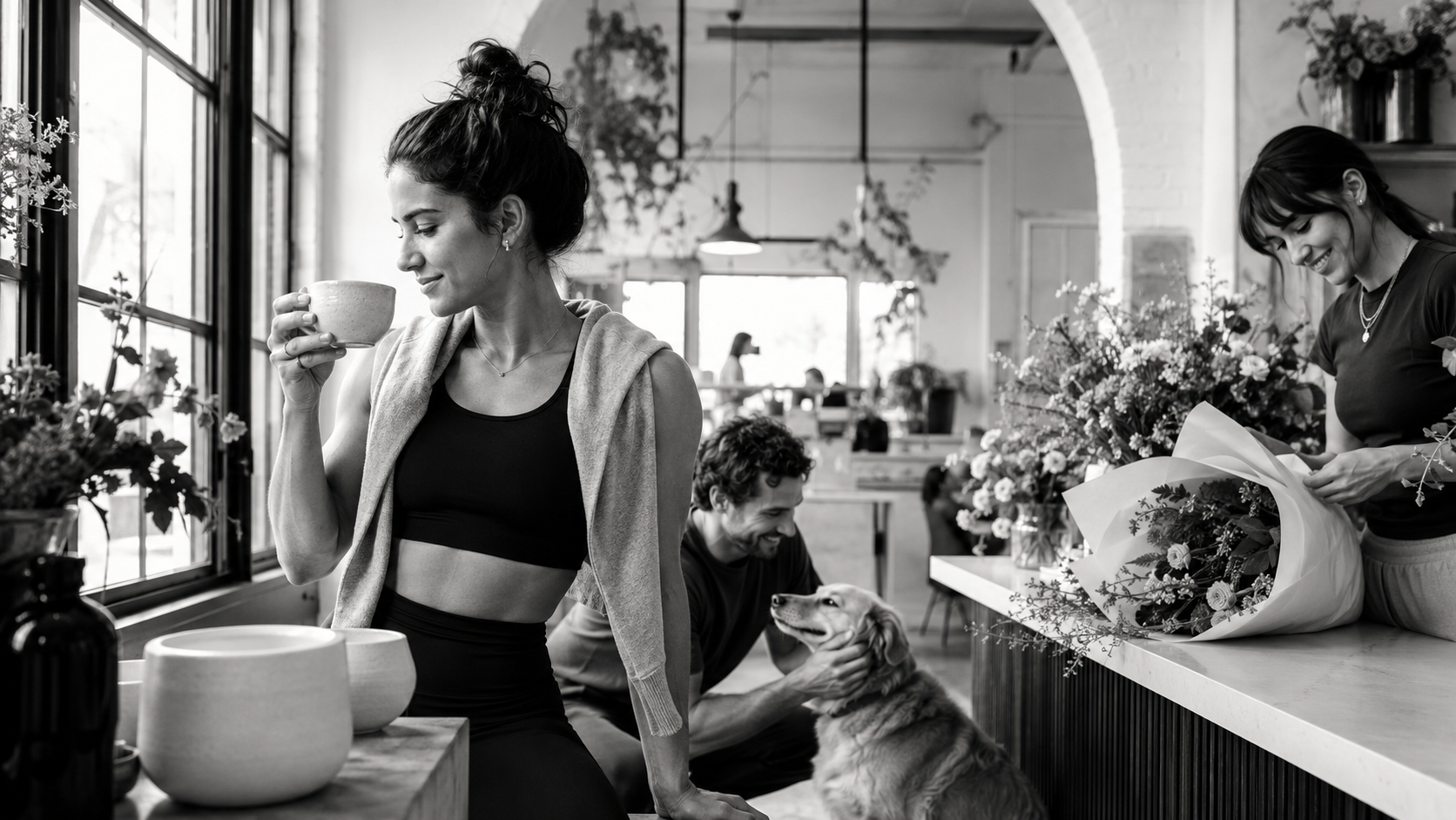 Person enjoying coffee near a dog and fresh flowers, highlighting local wellness, lifestyle partnerships and everyday community rituals.