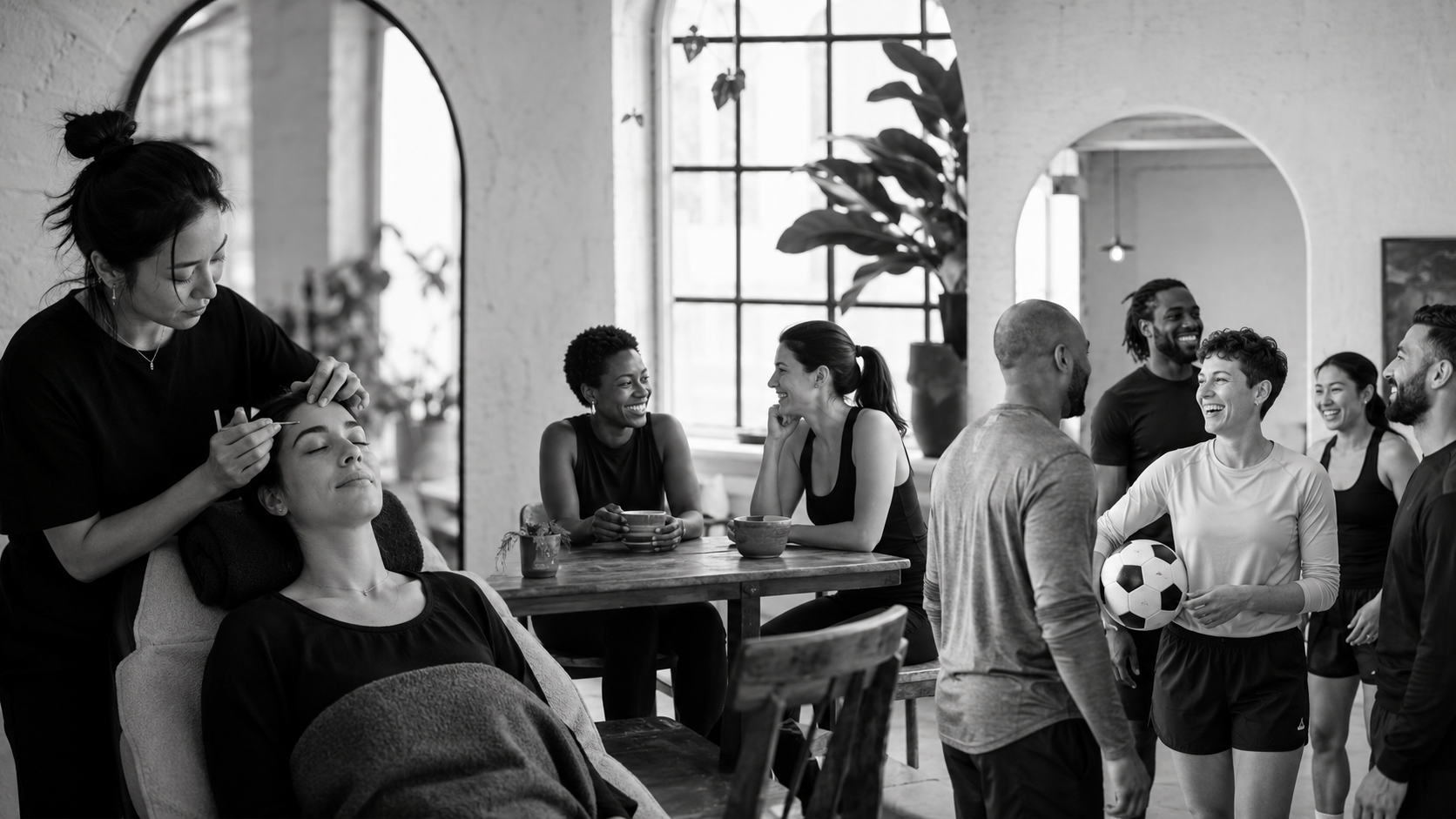 Community wellness scene with personal care, coffee, conversation and recreational movement, highlighting local lifestyle partnerships.