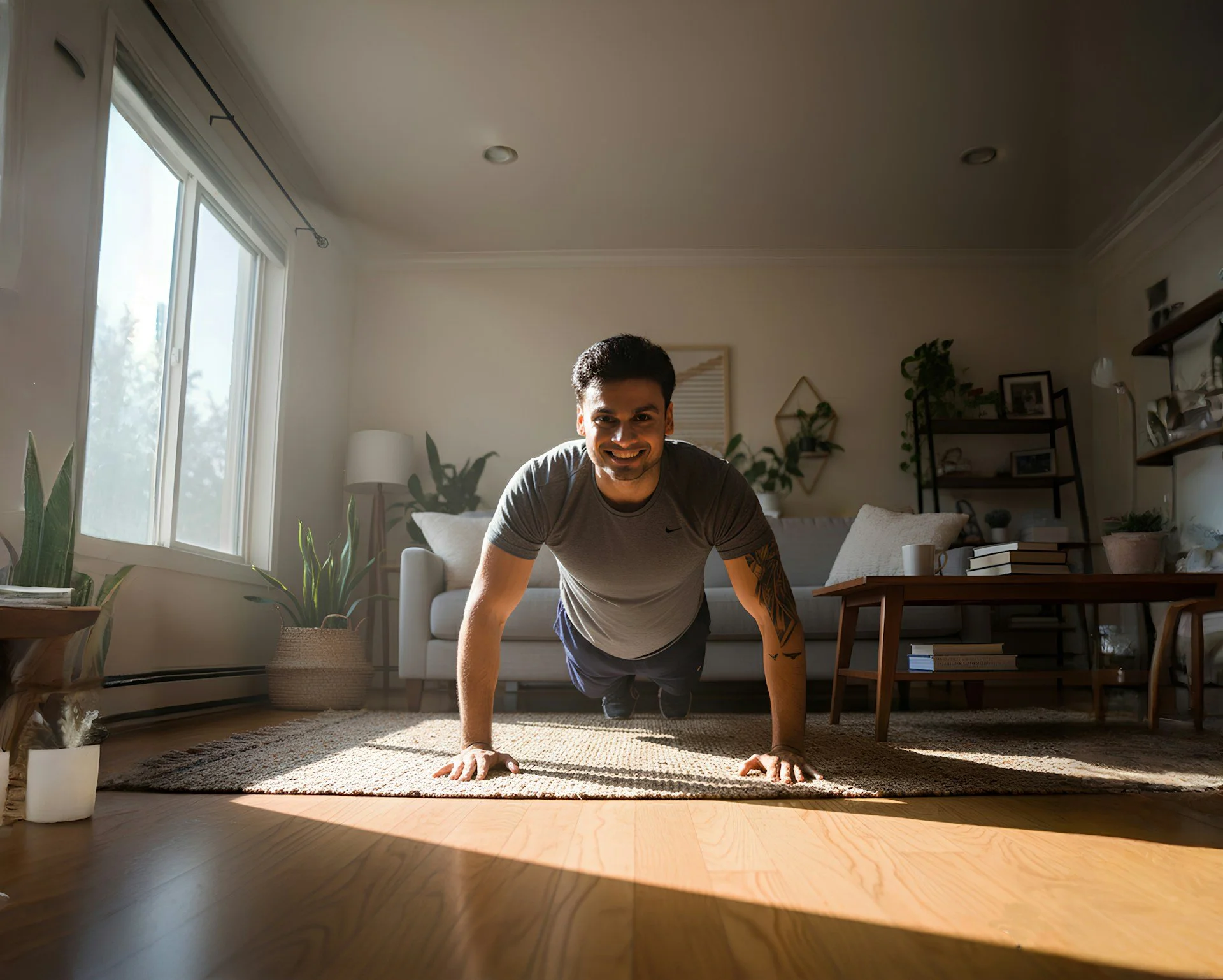 Man performing a push-up during a quick workout at home.