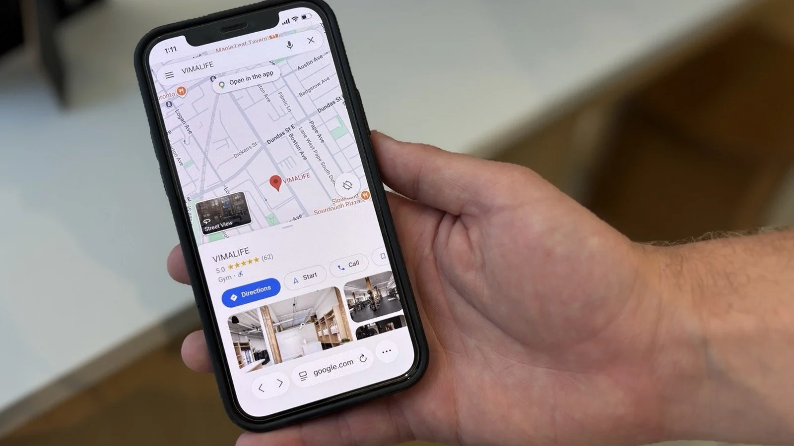 Person viewing VIMALIFE on Google Maps, highlighting the Leslieville fitness club location, directions and local gym search.